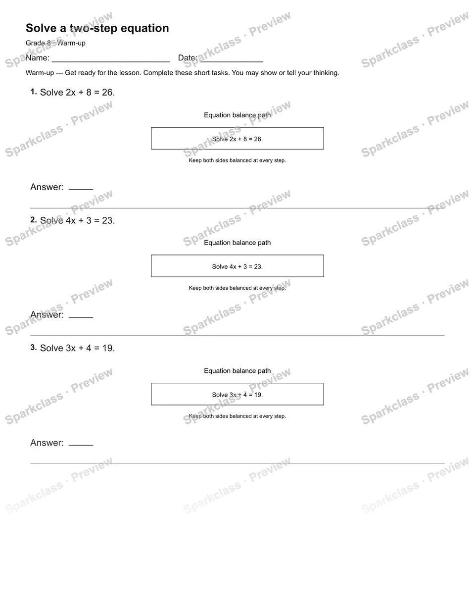 Solve a two-step equation — Warm-up — page 2