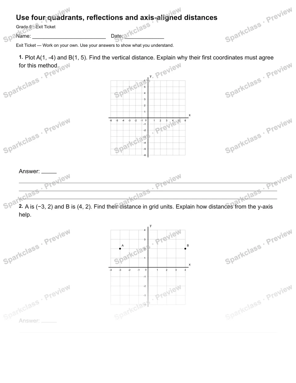 Use four quadrants, reflections and axis-aligned distances — Exit Ticket — page 2