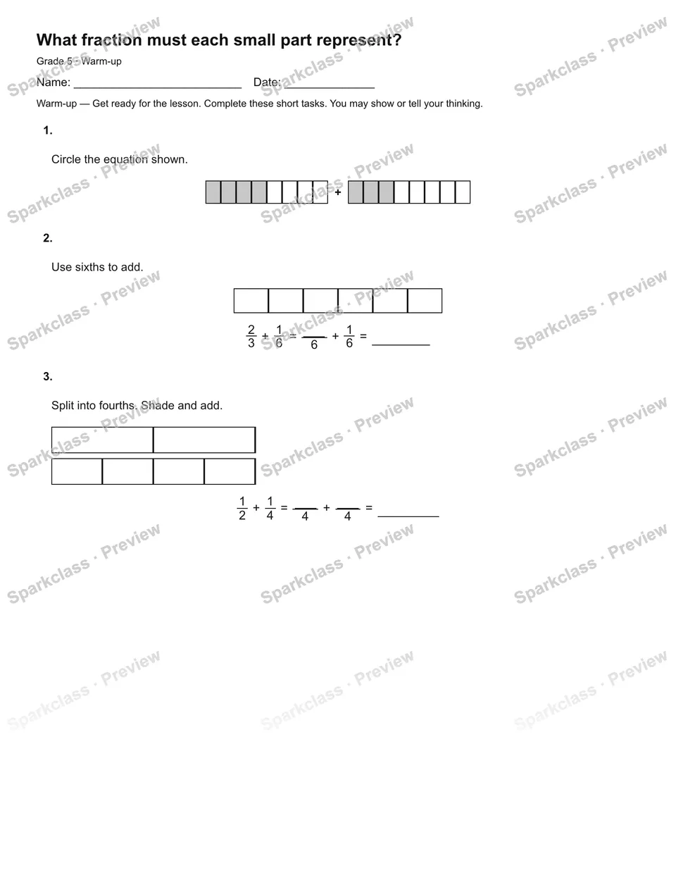 What fraction must each small part represent? — Warm-up — page 2