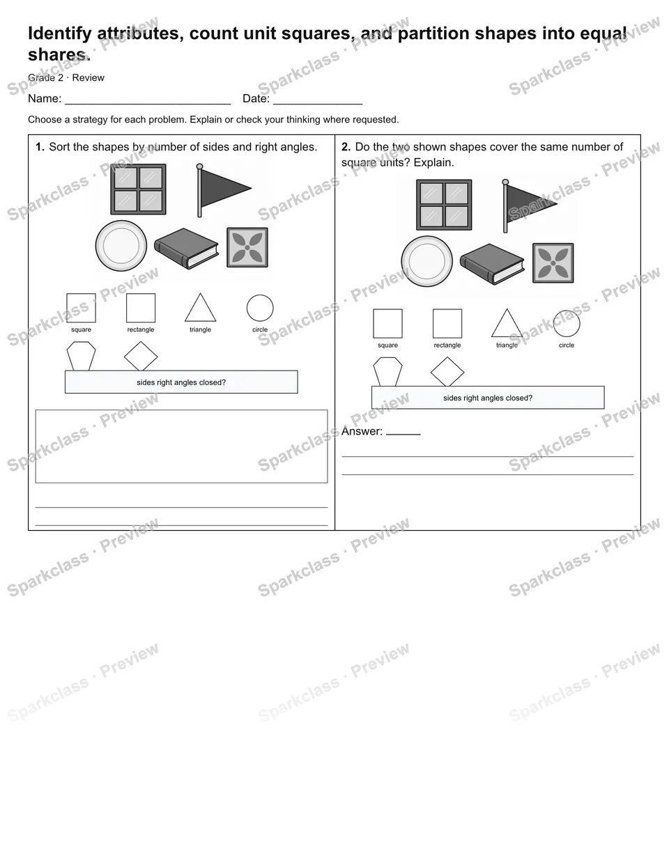 Identify attributes, count unit squares, and partition shapes into equal shares. — Review — Grade 2 worksheet preview
