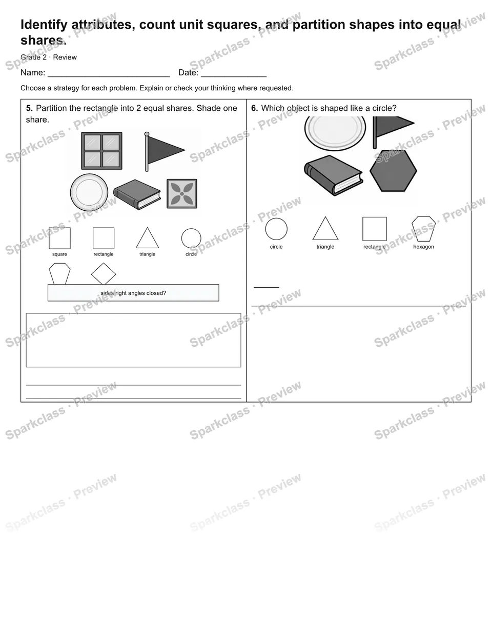 Identify attributes, count unit squares, and partition shapes into equal shares. — Review — page 3