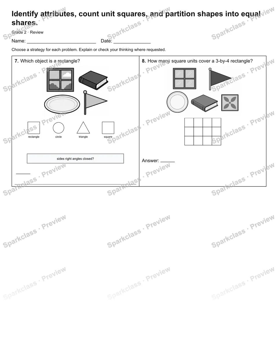 Identify attributes, count unit squares, and partition shapes into equal shares. — Review — page 4