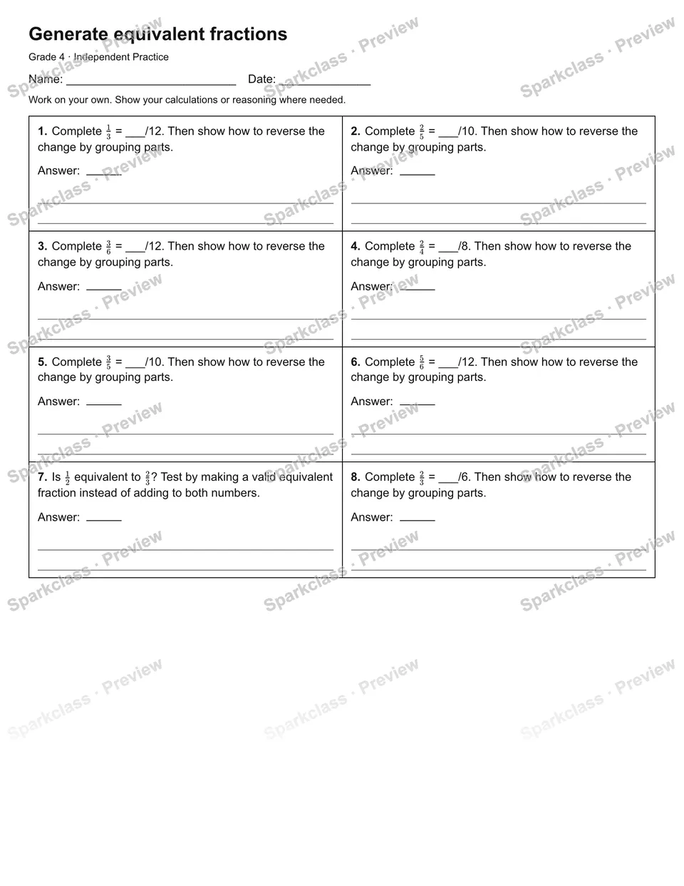 Generate equivalent fractions — Independent Practice — Grade 4 worksheet preview