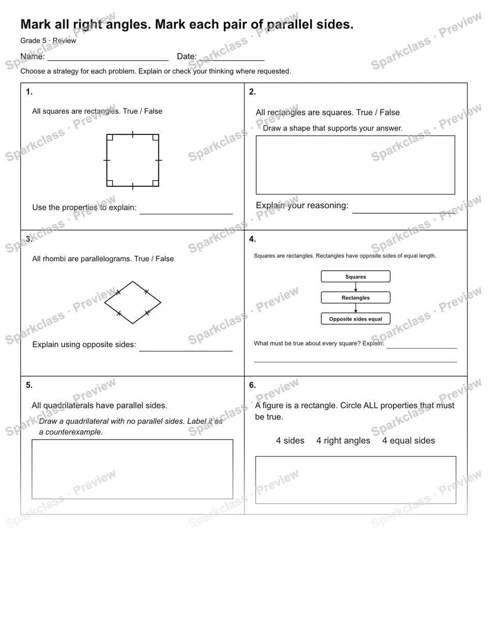 Mark all right angles. Mark each pair of parallel sides. — Review — Grade 5 worksheet preview