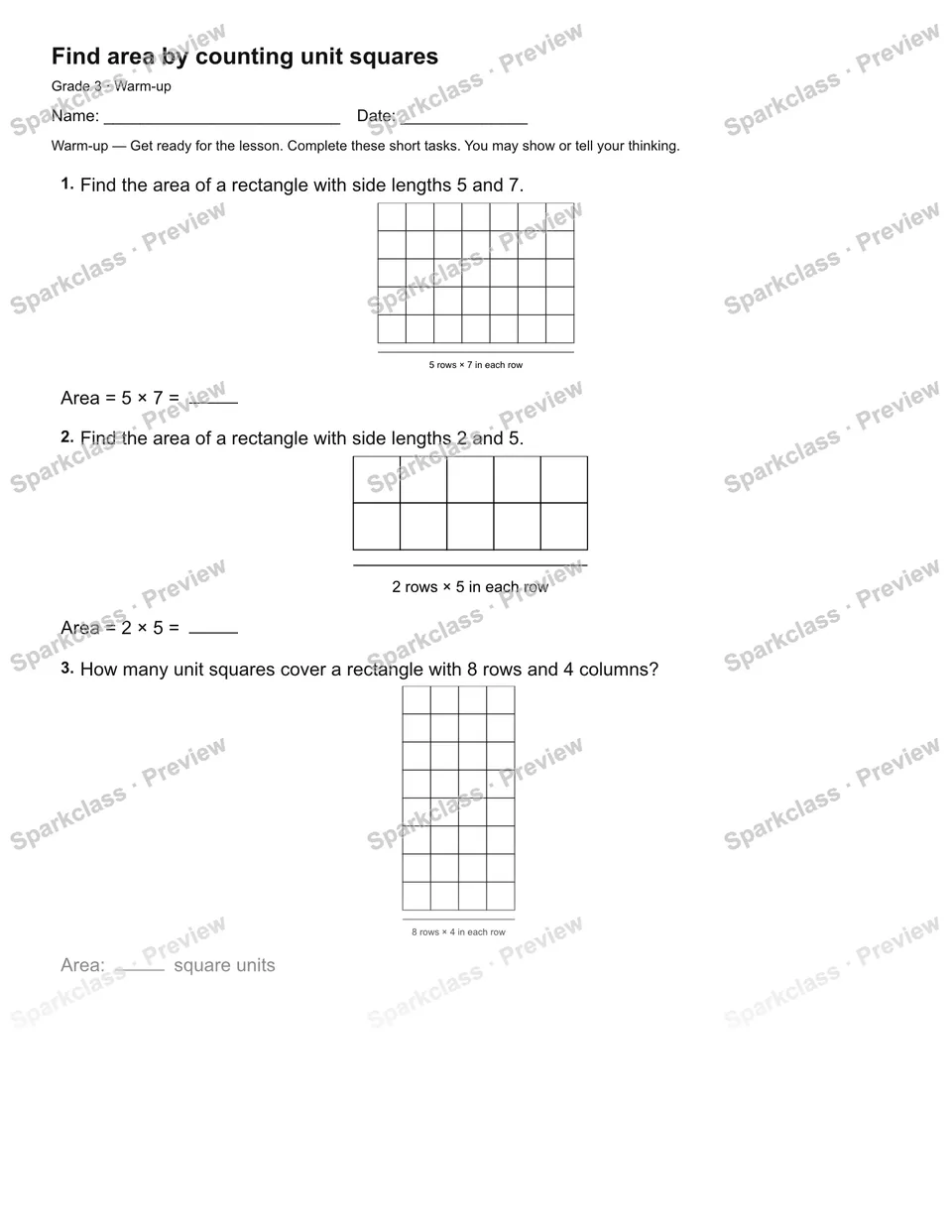 Find area by counting unit squares — Warm-up — Grade 3 worksheet preview