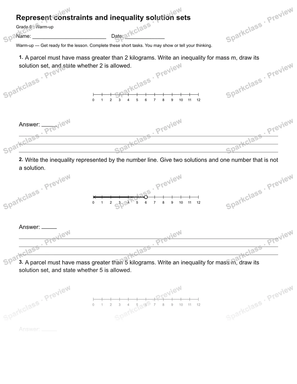 Represent constraints and inequality solution sets — Warm-up — Grade 6 worksheet preview
