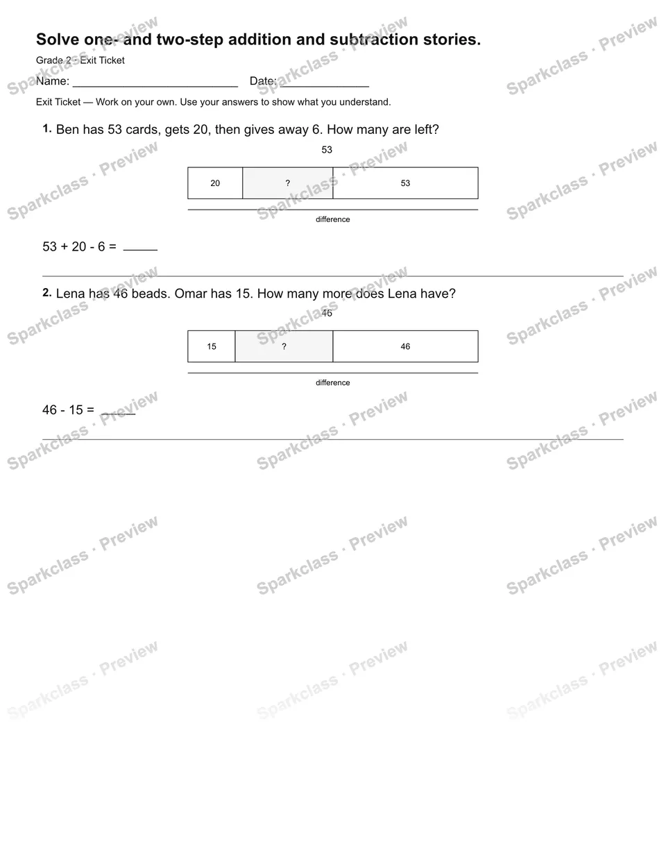 Solve one- and two-step addition and subtraction stories. — Exit Ticket — Grade 2 worksheet preview