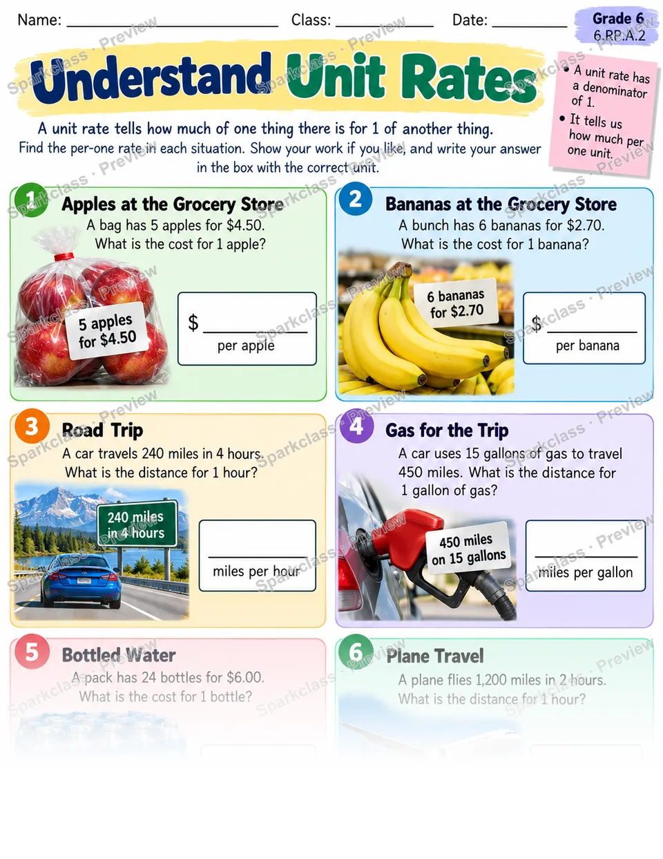 Unit Rates — Grade 6 worksheet preview