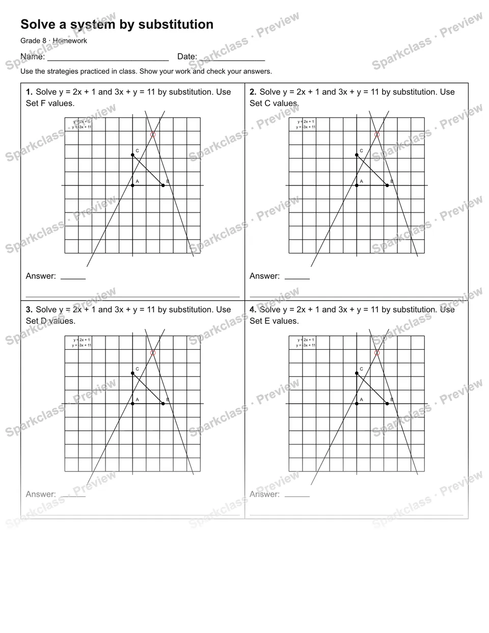 Solve a system by substitution — Homework — Grade 8 worksheet preview