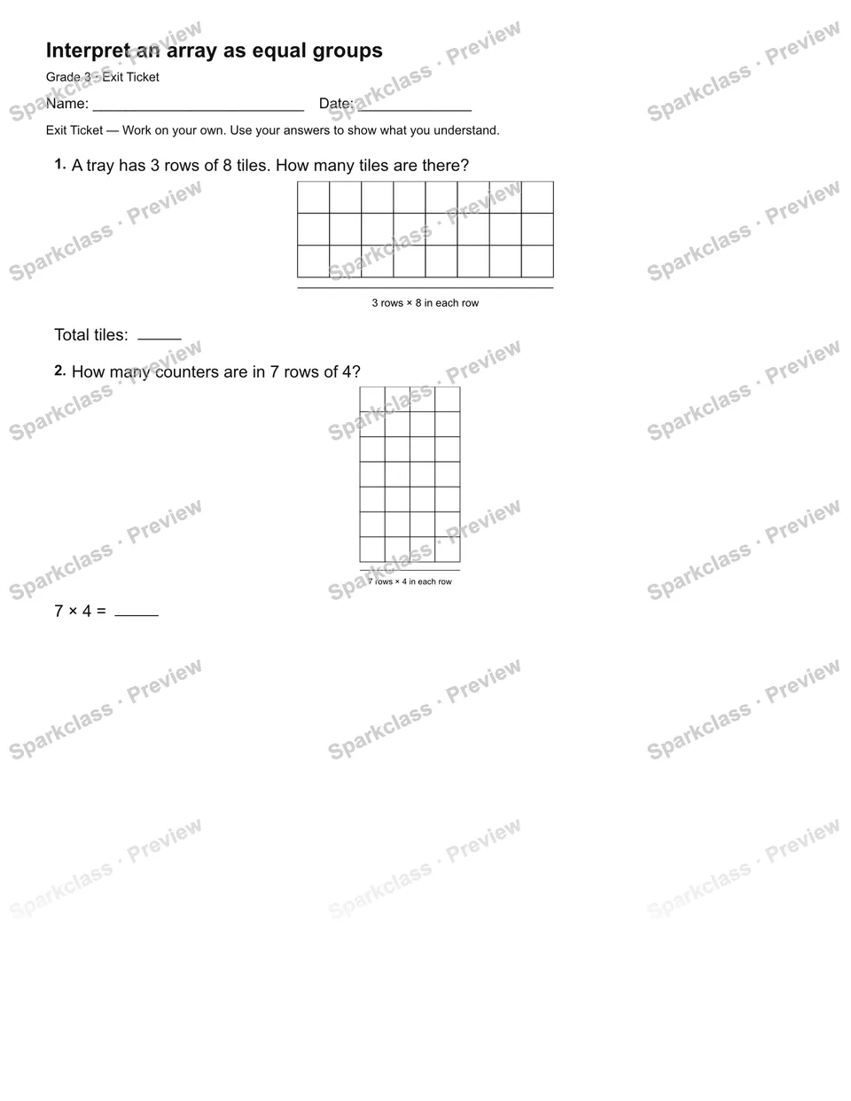 Interpret an array as equal groups — Exit Ticket — Grade 3 worksheet preview