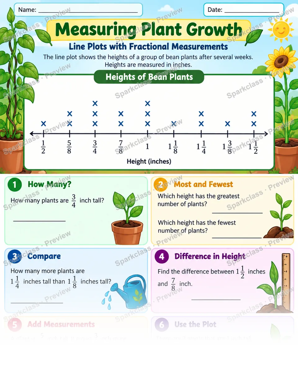Fractional Line Plot · Plant Growth — Grade 5 worksheet preview