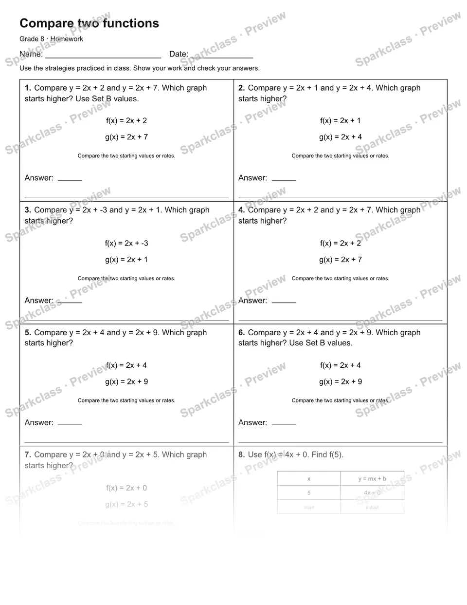 Compare two functions — Homework — Grade 8 worksheet preview