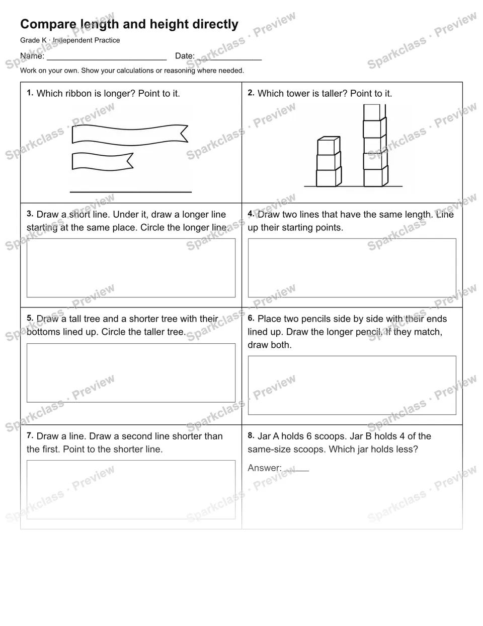Compare length and height directly — Independent Practice — Kindergarten worksheet preview