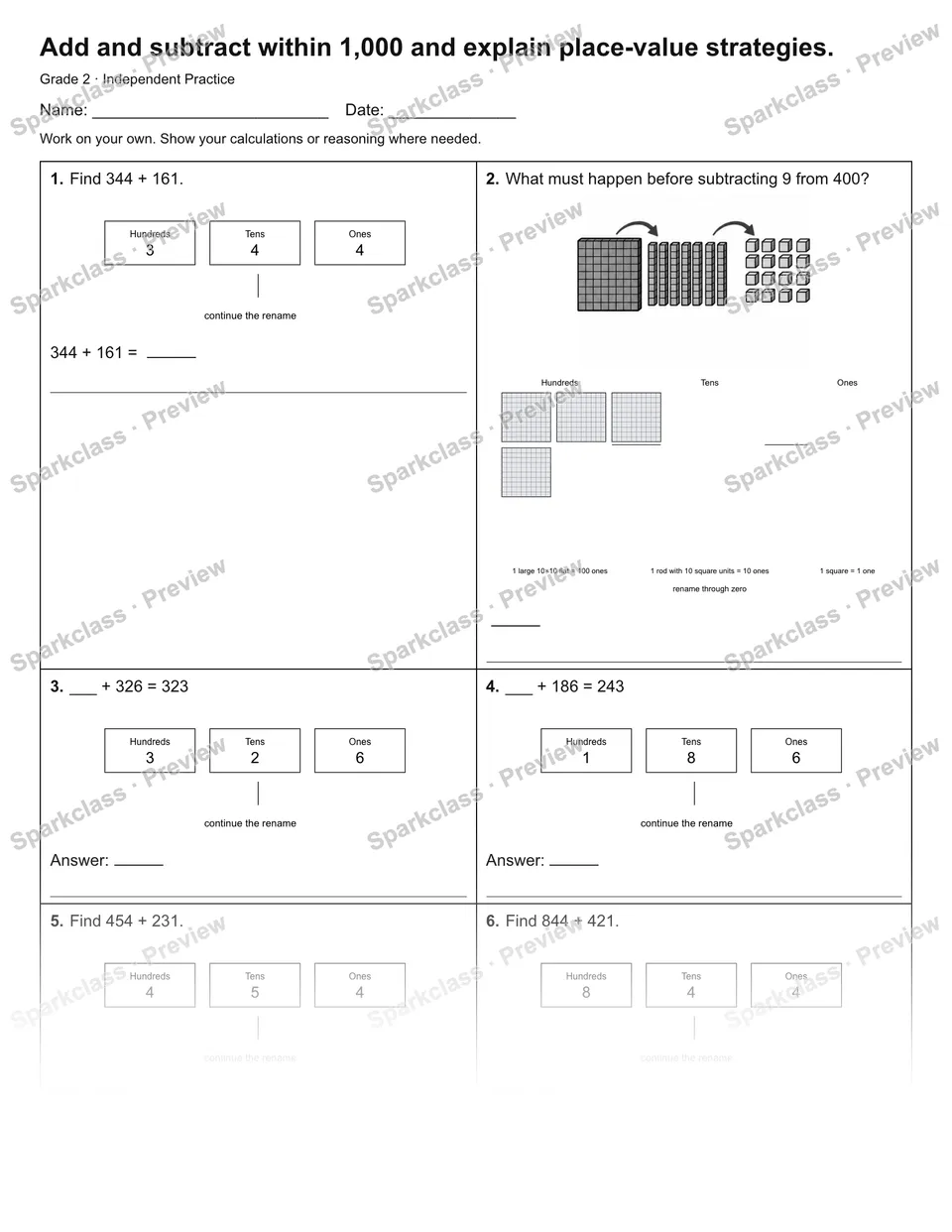 Add and subtract within 1,000 and explain place-value strategies. — Independent Practice — Grade 2 worksheet preview