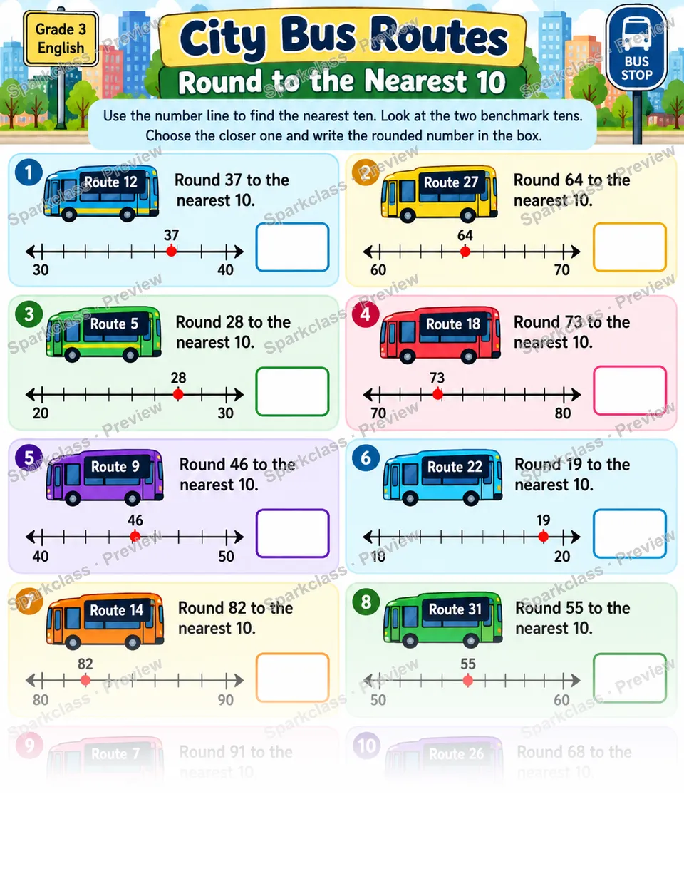 Round To Nearest 10 City — Grade 3 worksheet preview