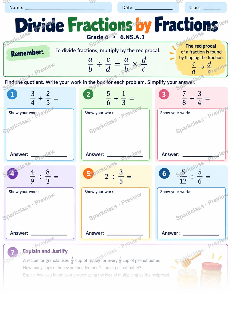 Divide Fractions — Grade 6 worksheet preview