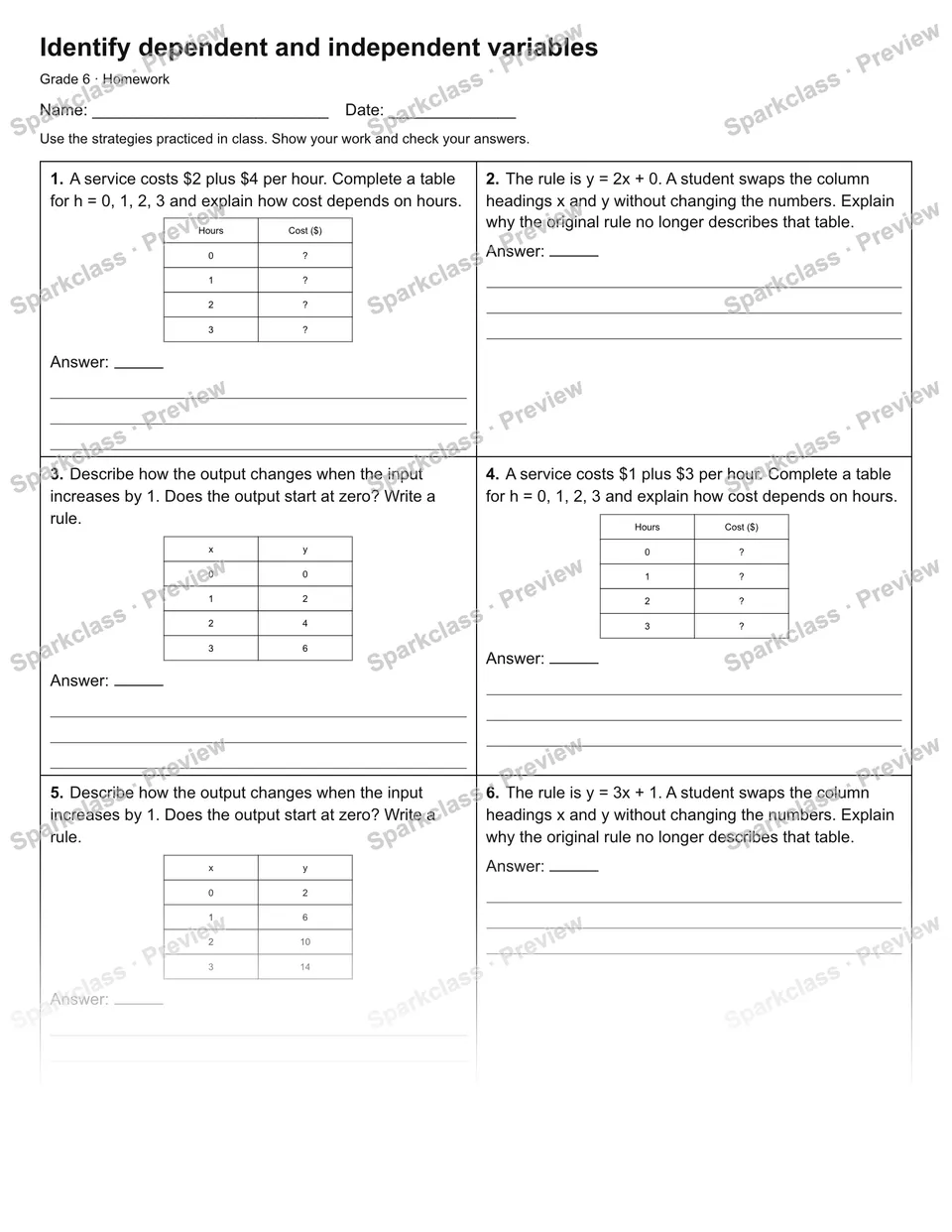 Identify dependent and independent variables — Homework — Grade 6 worksheet preview