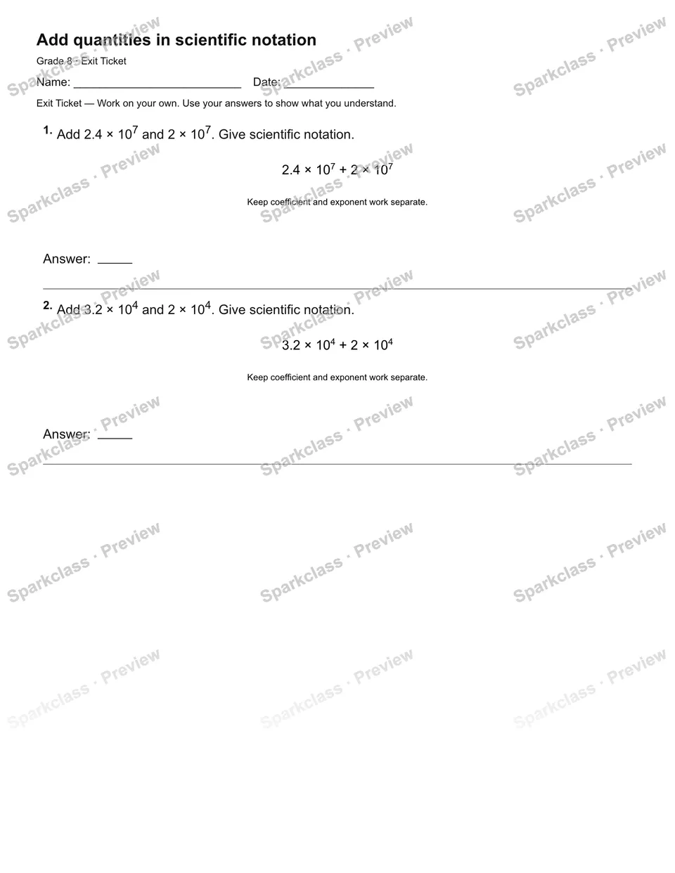 Add quantities in scientific notation — Exit Ticket — page 2