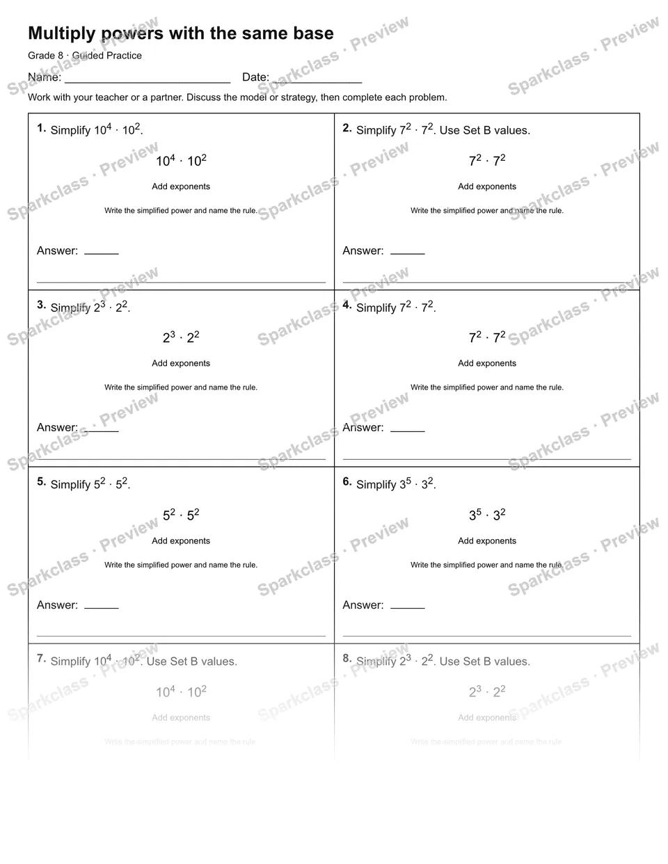 Multiply powers with the same base — Guided Practice — Grade 8 worksheet preview