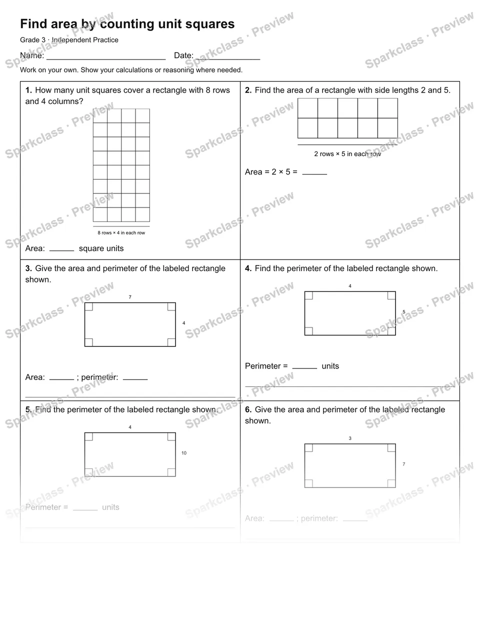 Find area by counting unit squares — Independent Practice — Grade 3 worksheet preview