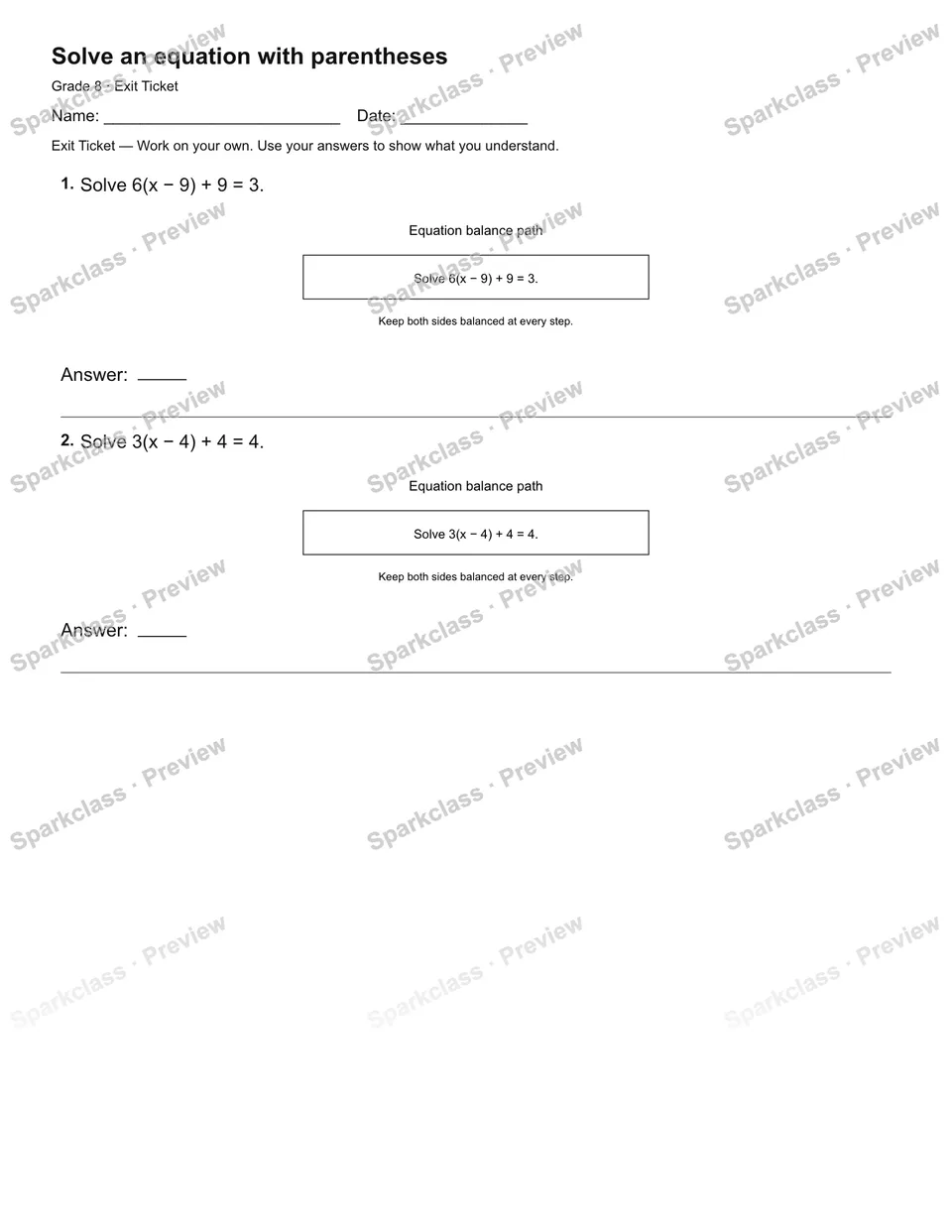 Solve an equation with parentheses — Exit Ticket — page 2