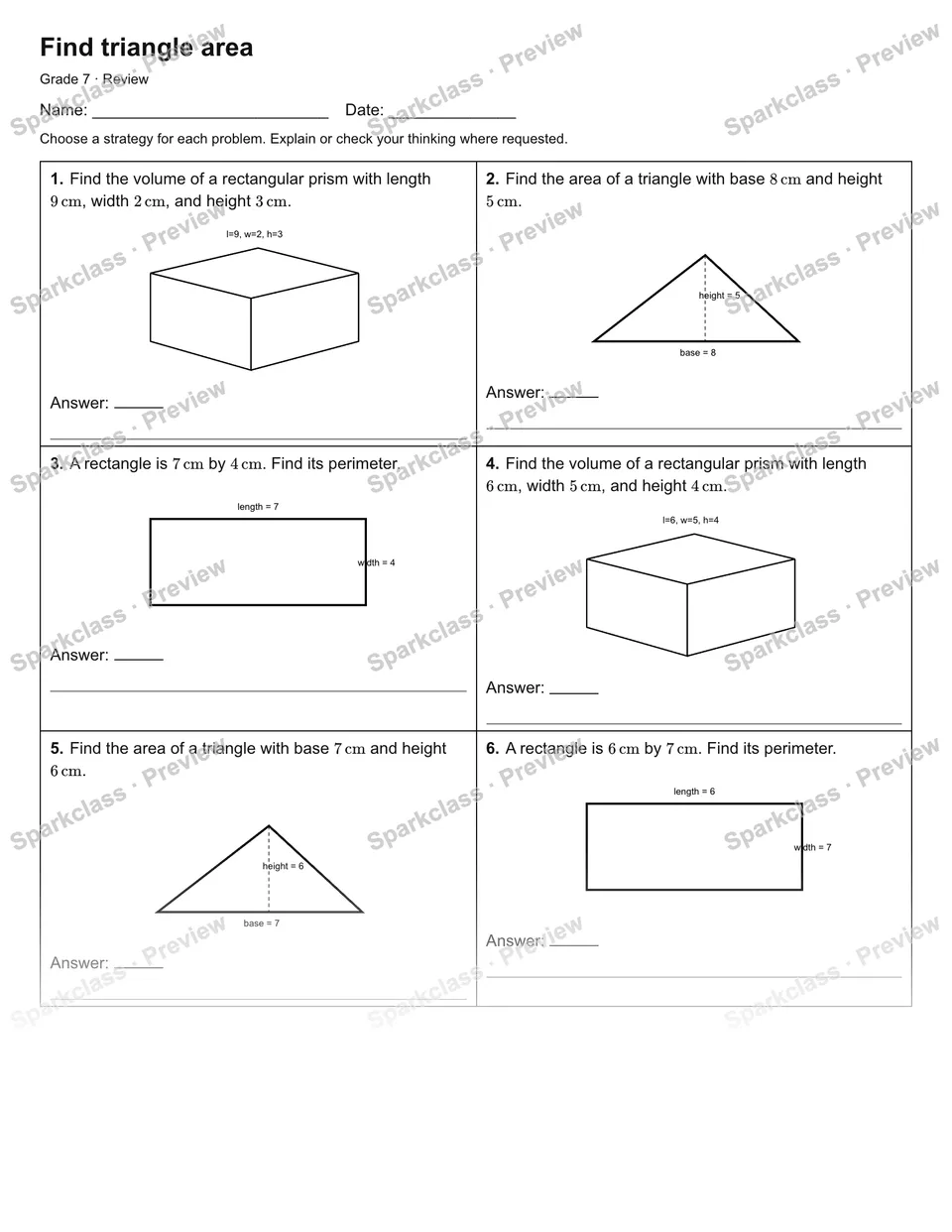 Find triangle area — Review — Grade 7 worksheet preview