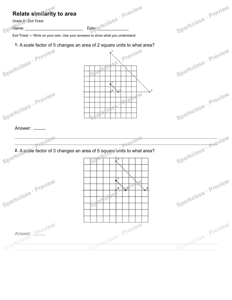 Relate similarity to area — Exit Ticket — Grade 8 worksheet preview