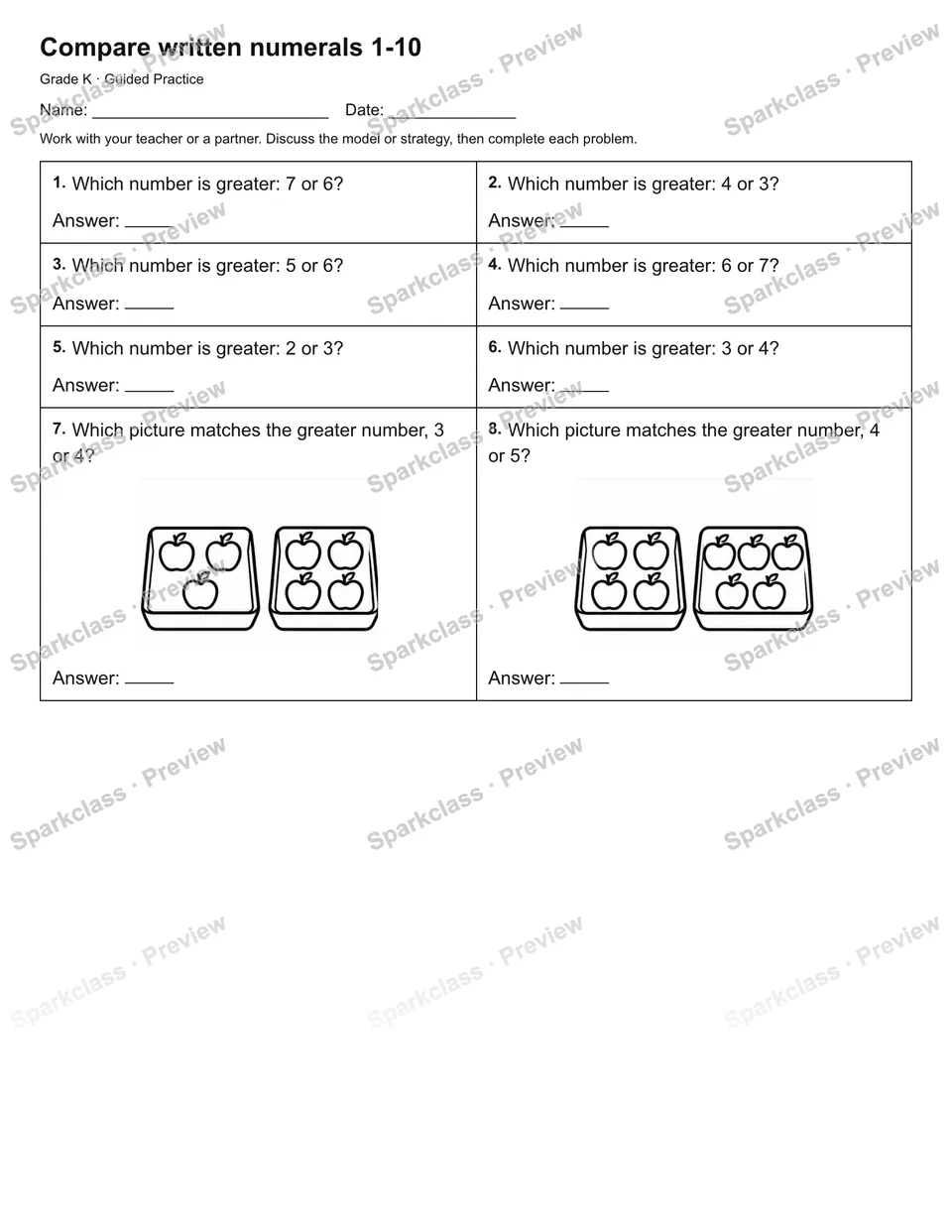 Compare written numerals 1-10 — Guided Practice — Kindergarten worksheet preview