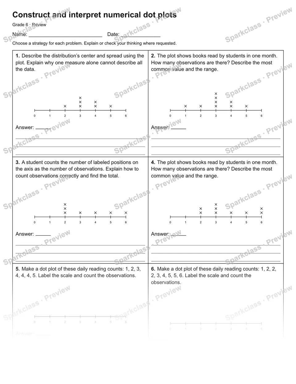Construct and interpret numerical dot plots — Review — Grade 6 worksheet preview