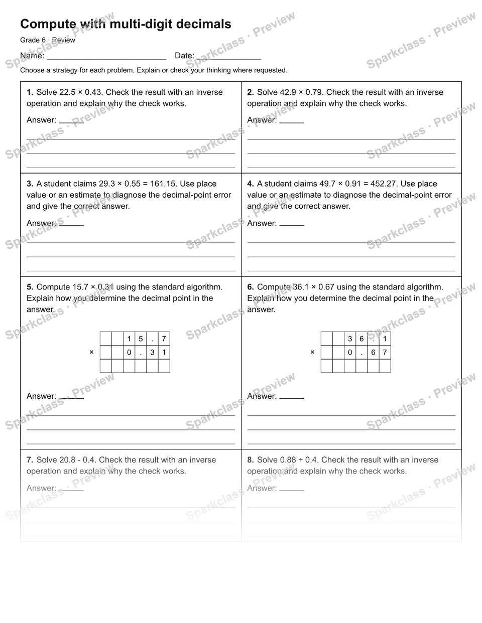 Compute with multi-digit decimals — Review — Grade 6 worksheet preview