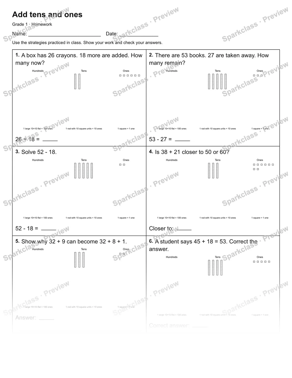 Add tens and ones — Homework — Grade 1 worksheet preview