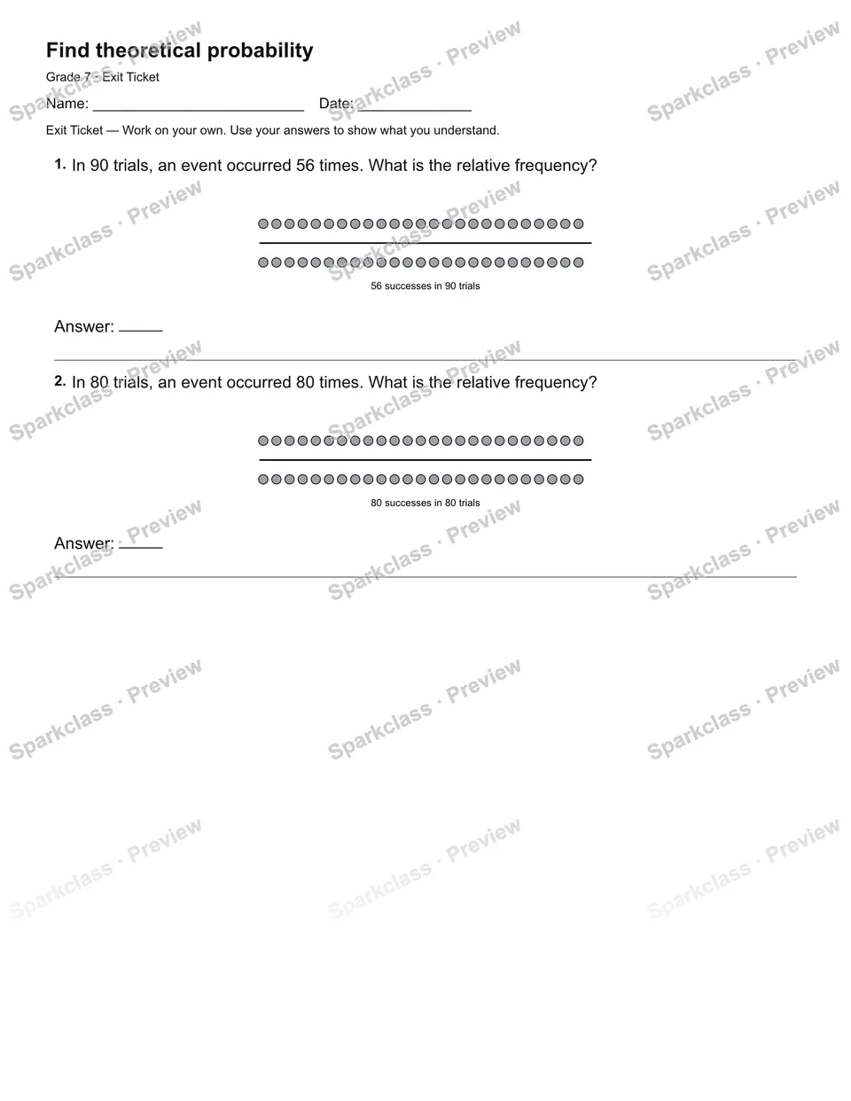 Find theoretical probability — Exit Ticket — Grade 7 worksheet preview