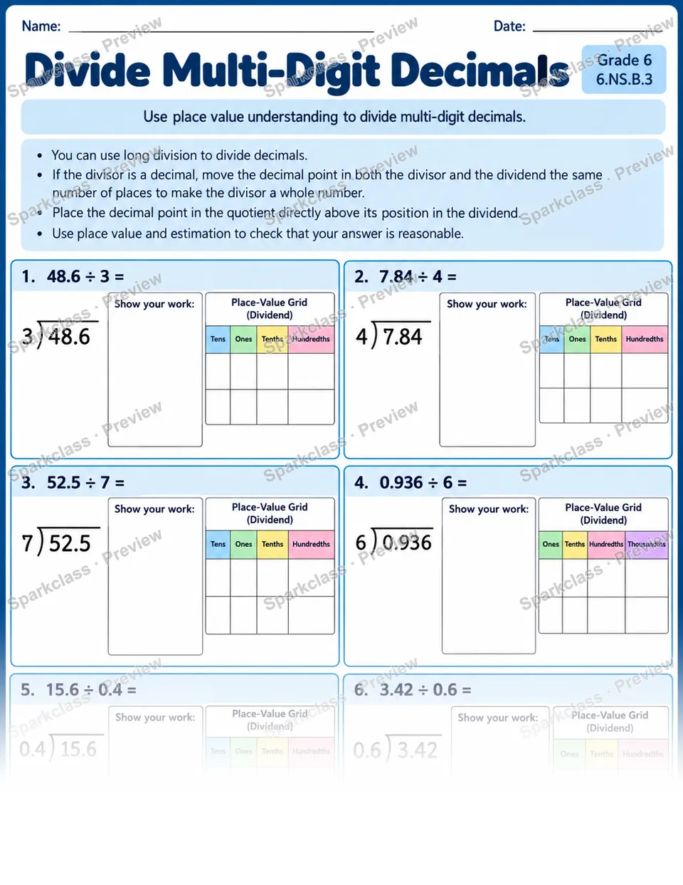 Decimal Division — Grade 6 worksheet preview