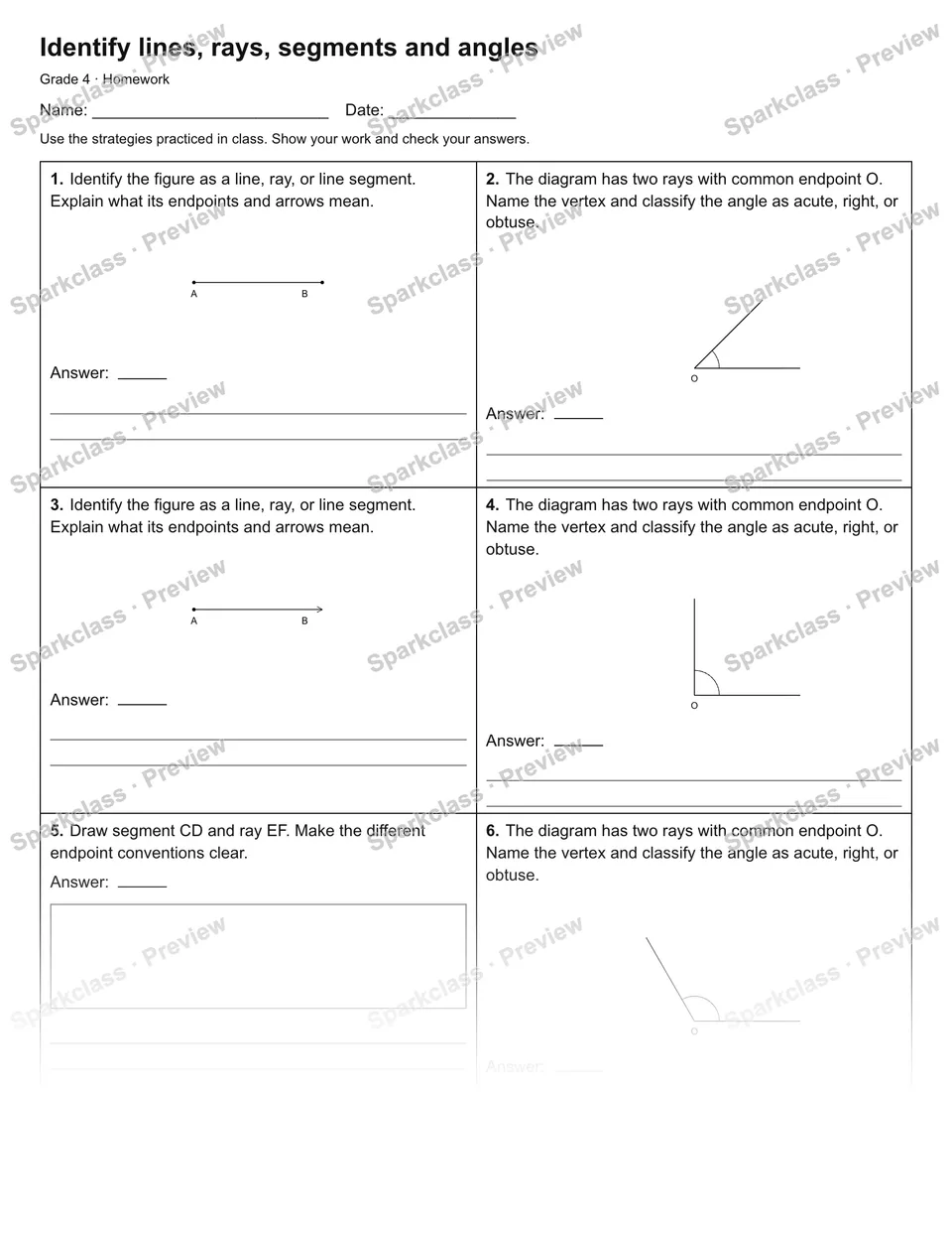 Identify lines, rays, segments and angles — Homework — Grade 4 worksheet preview