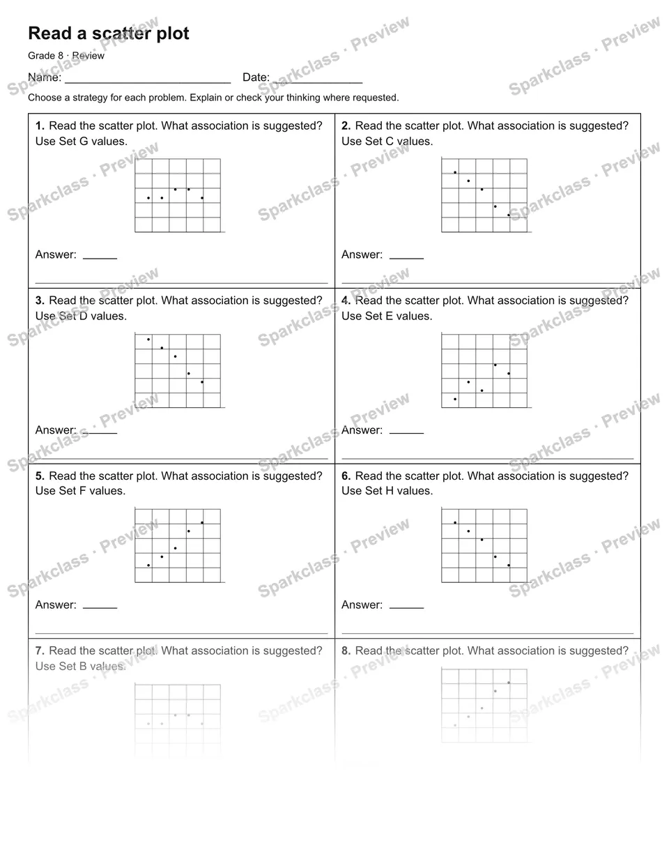 Read a scatter plot — Review — Grade 8 worksheet preview