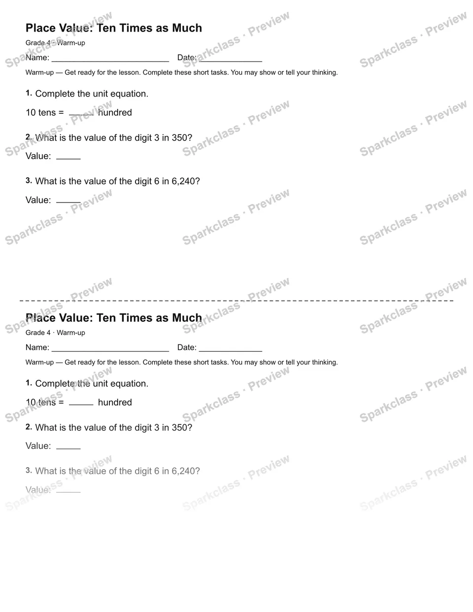 Place Value: Ten Times as Much — Warm-up — Grade 4 worksheet preview