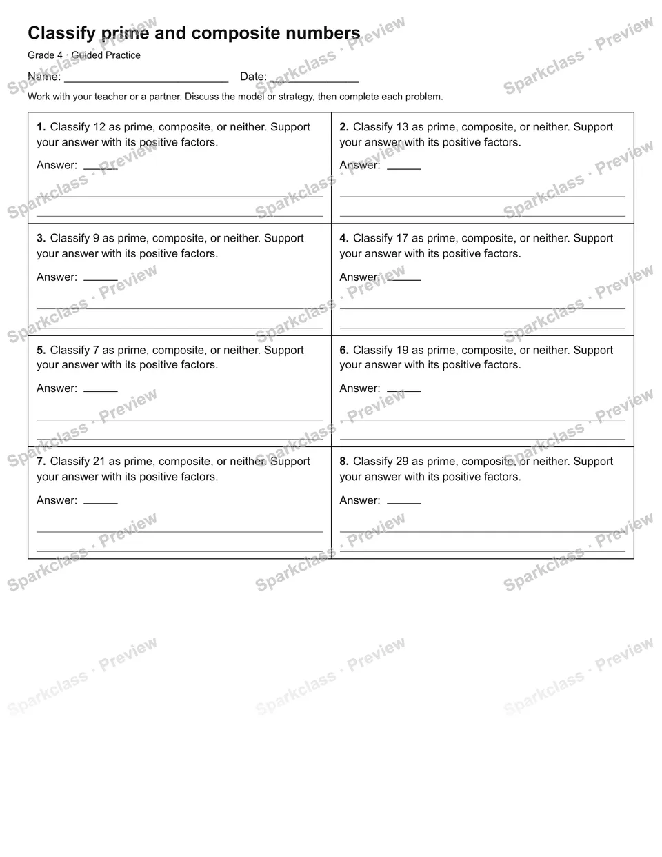 Classify prime and composite numbers — Guided Practice — Grade 4 worksheet preview