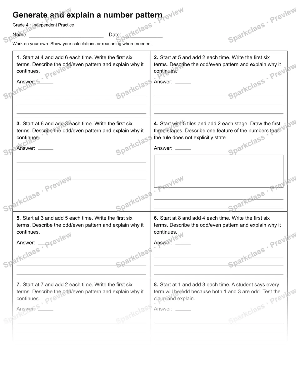 Generate and explain a number pattern — Independent Practice — Grade 4 worksheet preview