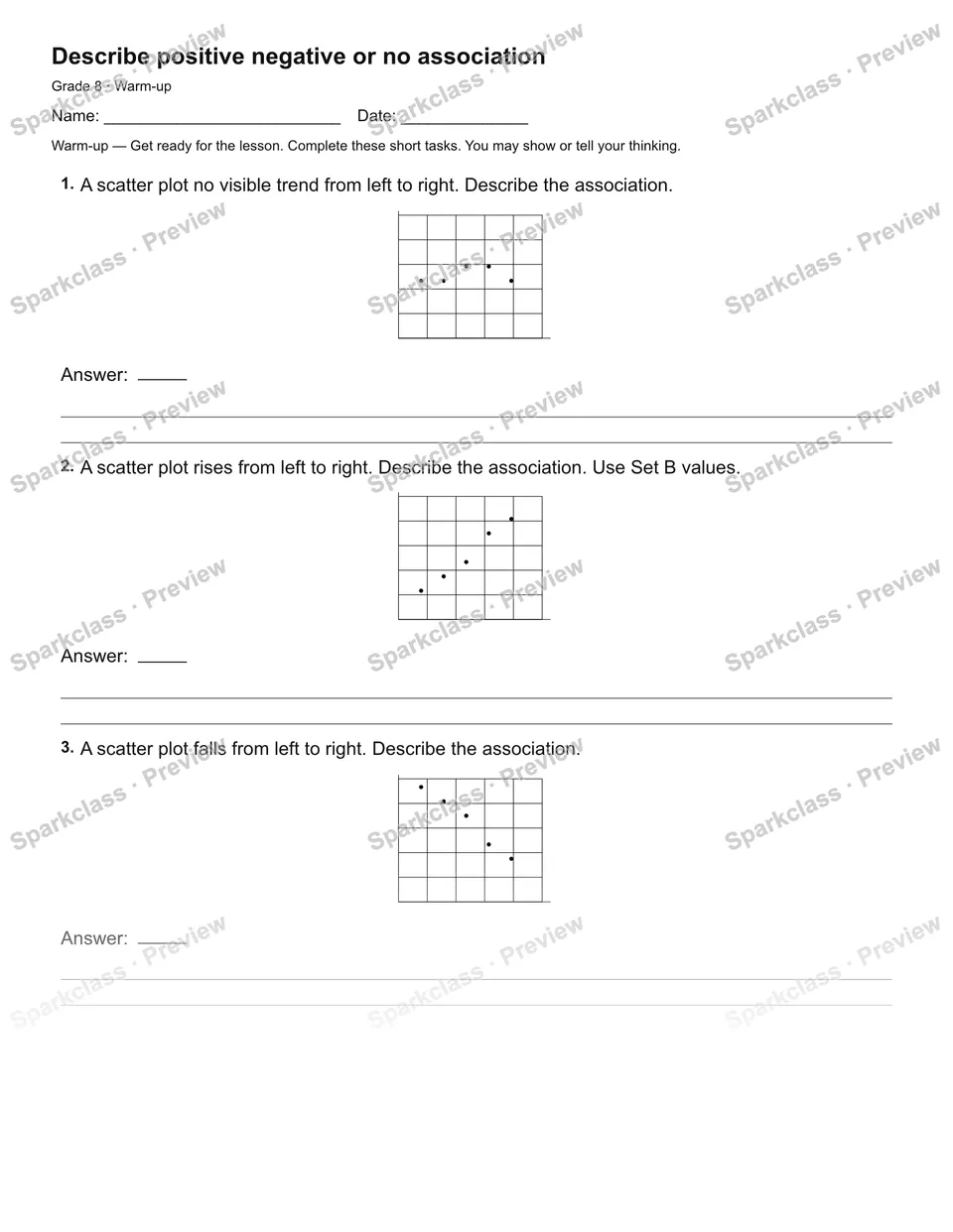 Describe positive negative or no association — Warm-up — Grade 8 worksheet preview