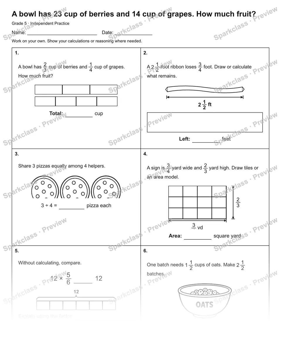 A bowl has 23 cup of berries and 14 cup of grapes. How much fruit? — Independent Practice — Grade 5 worksheet preview