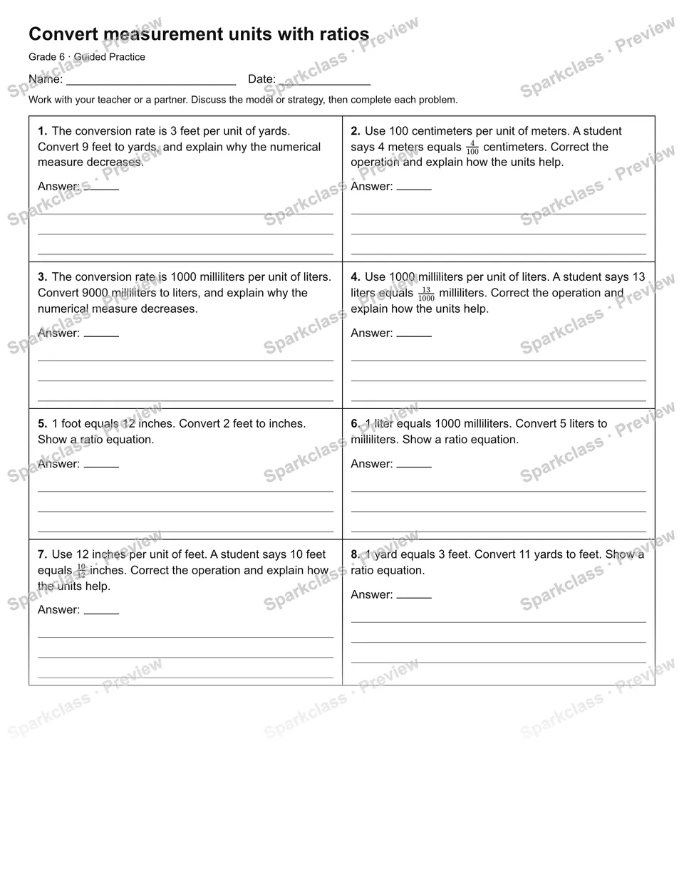 Convert measurement units with ratios — Guided Practice — Grade 6 worksheet preview