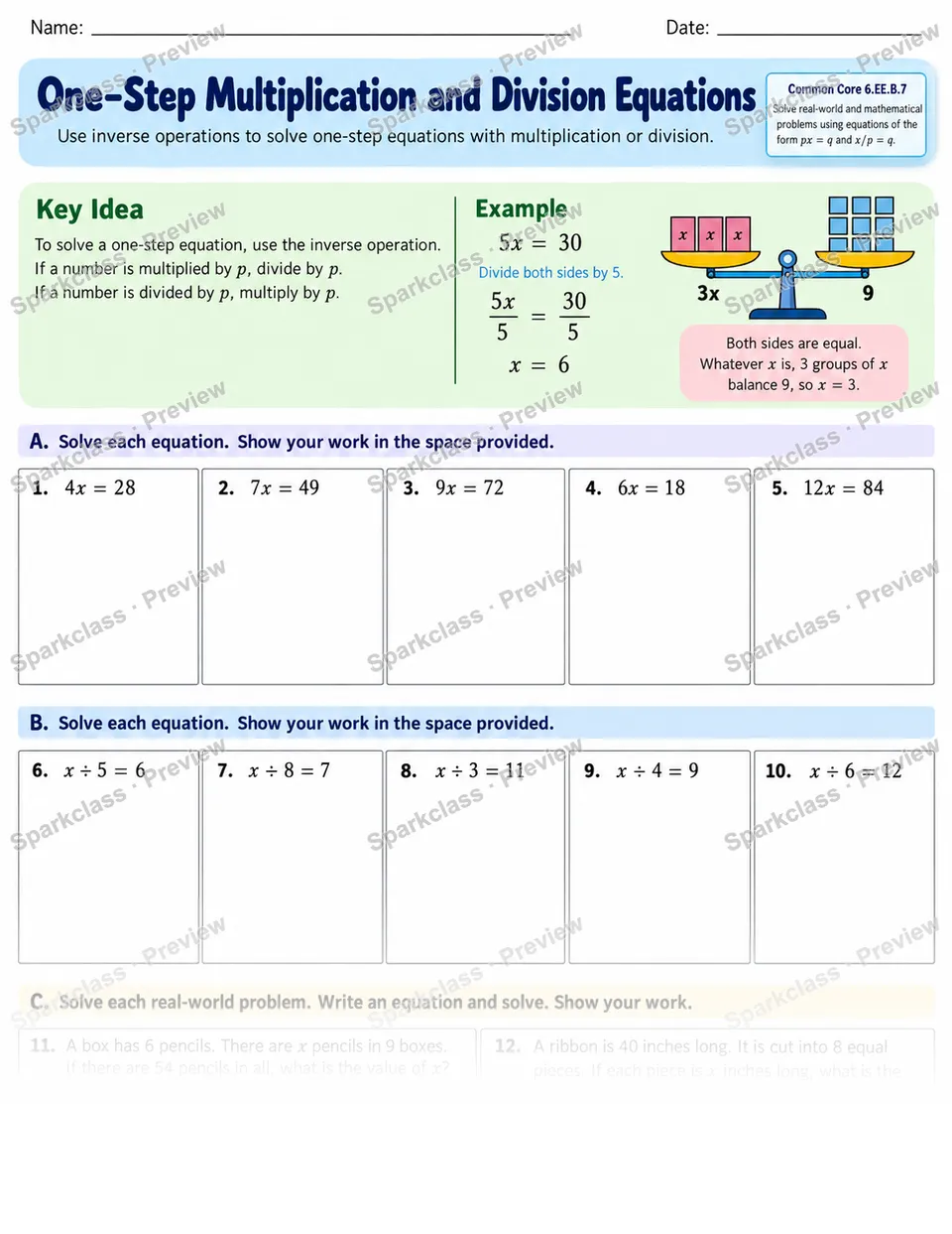 One Step Multiply Divide — Grade 6 worksheet preview