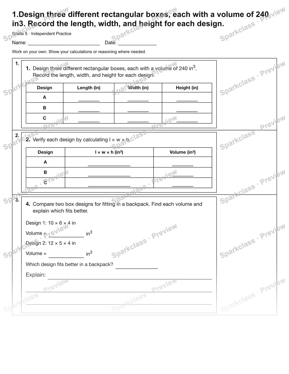 1.Design three different rectangular boxes, each with a volume of 240 in3. Record the length, width, and height for each design. — Independent Practice — Grade 5 worksheet preview