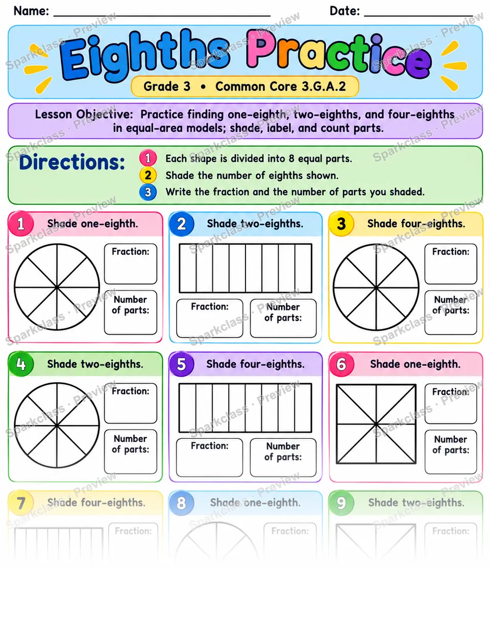 Eighths Practice — Grade 3 worksheet preview