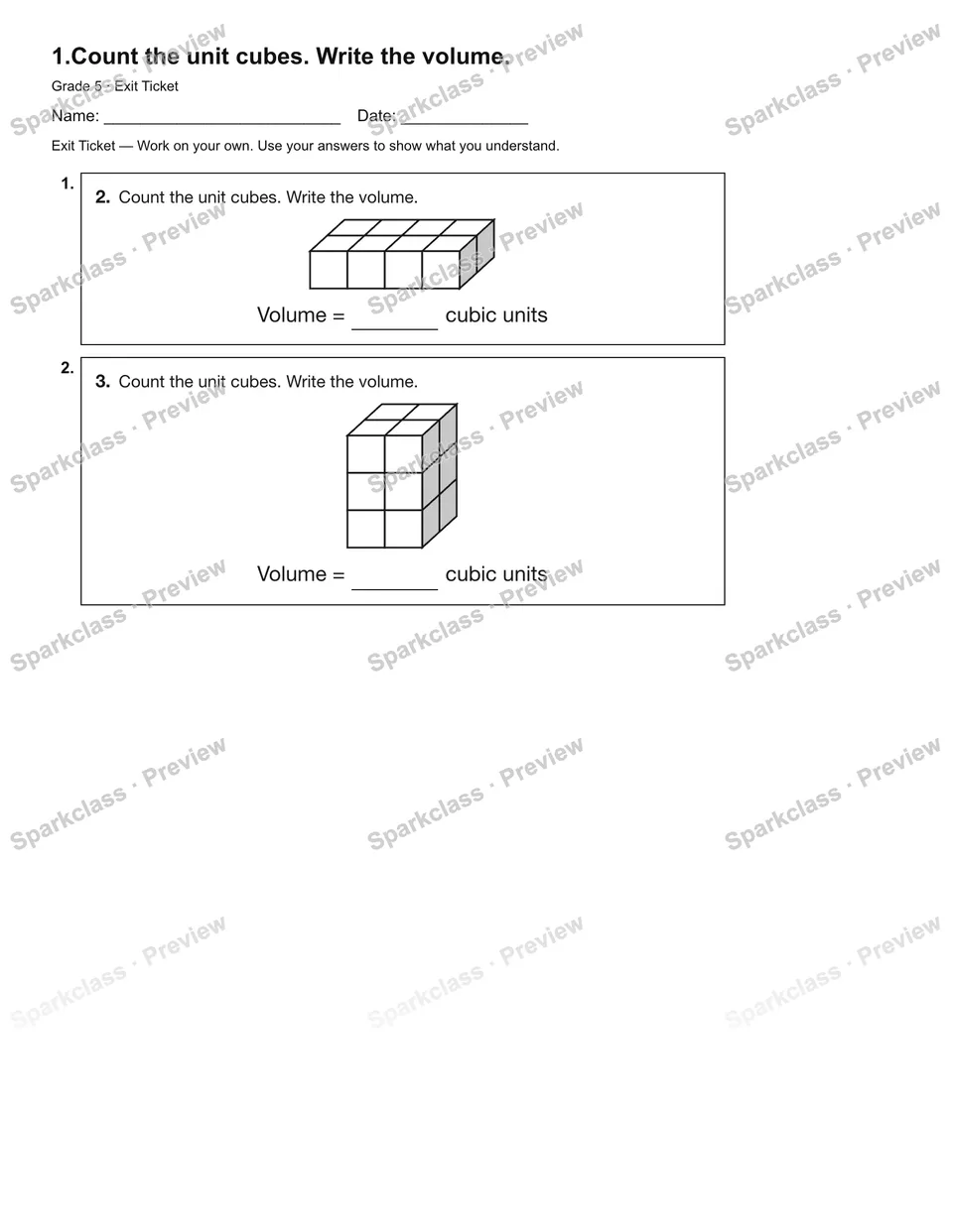 1.Count the unit cubes. Write the volume. — Exit Ticket — Grade 5 worksheet preview