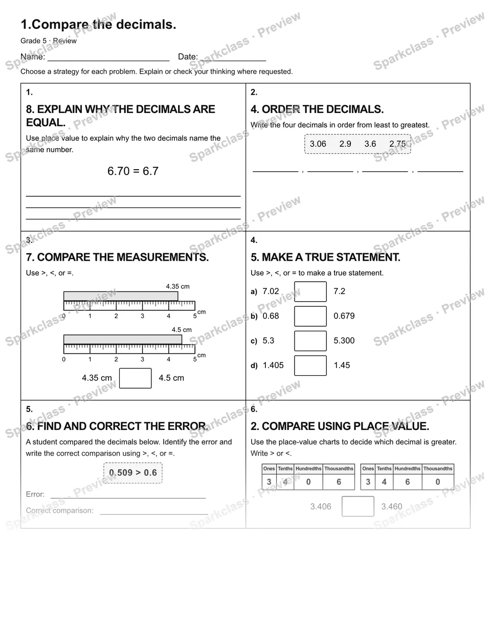 1.Compare the decimals. — Review — Grade 5 worksheet preview