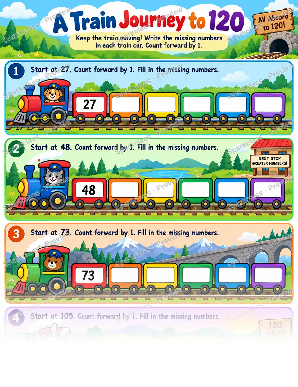 Train Journey To 120 — Grade 1 worksheet preview