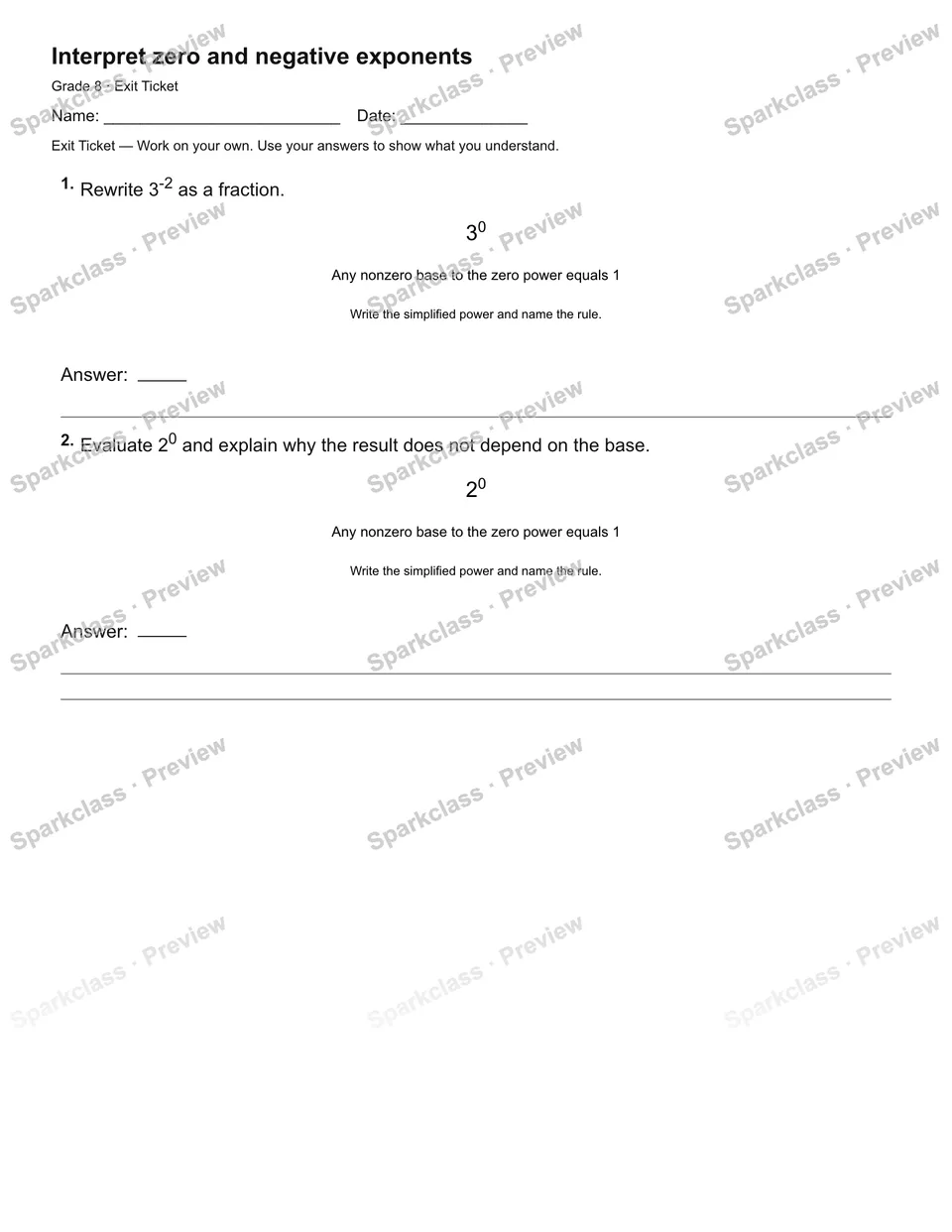 Interpret zero and negative exponents — Exit Ticket — Grade 8 worksheet preview