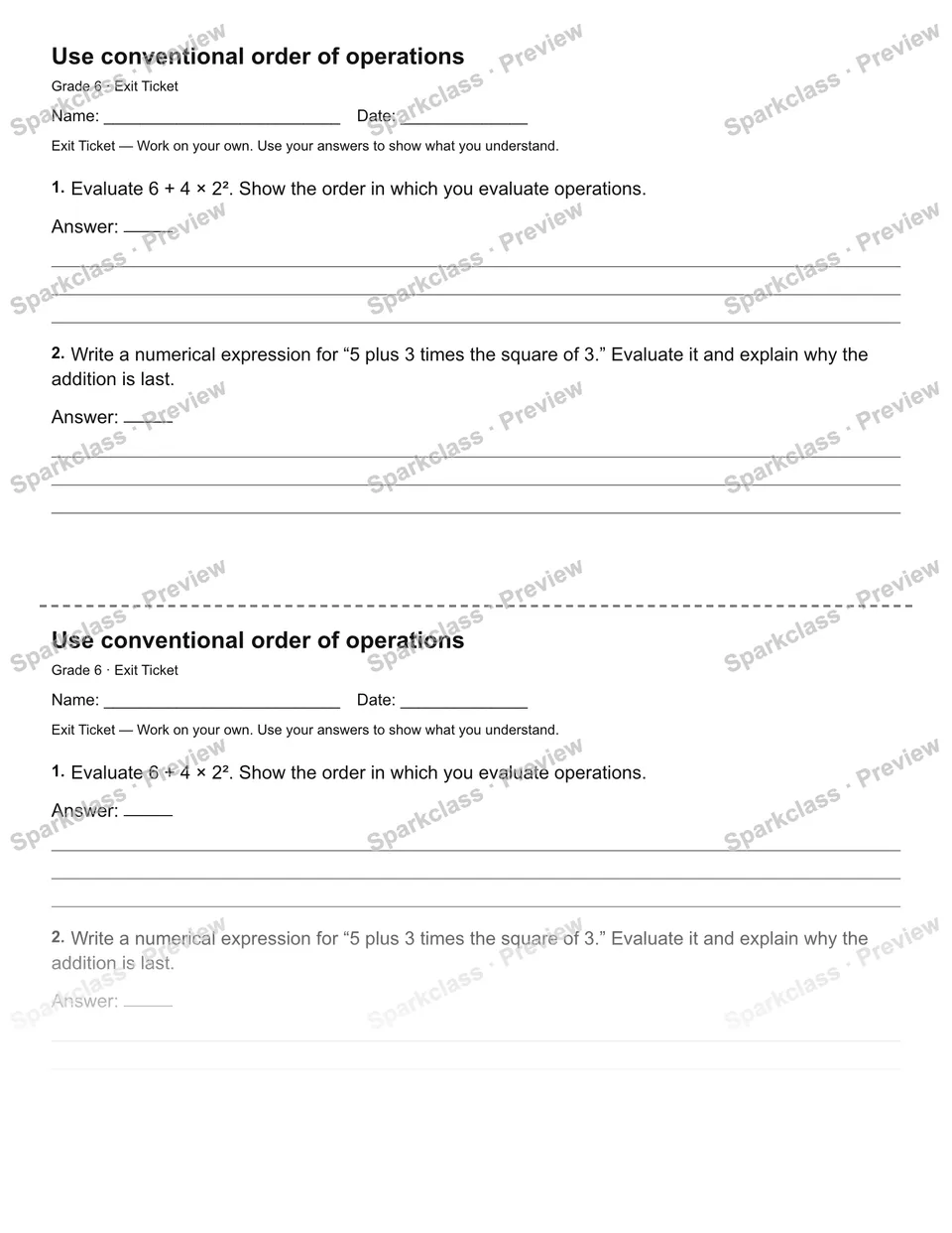 Use conventional order of operations — Exit Ticket — Grade 6 worksheet preview