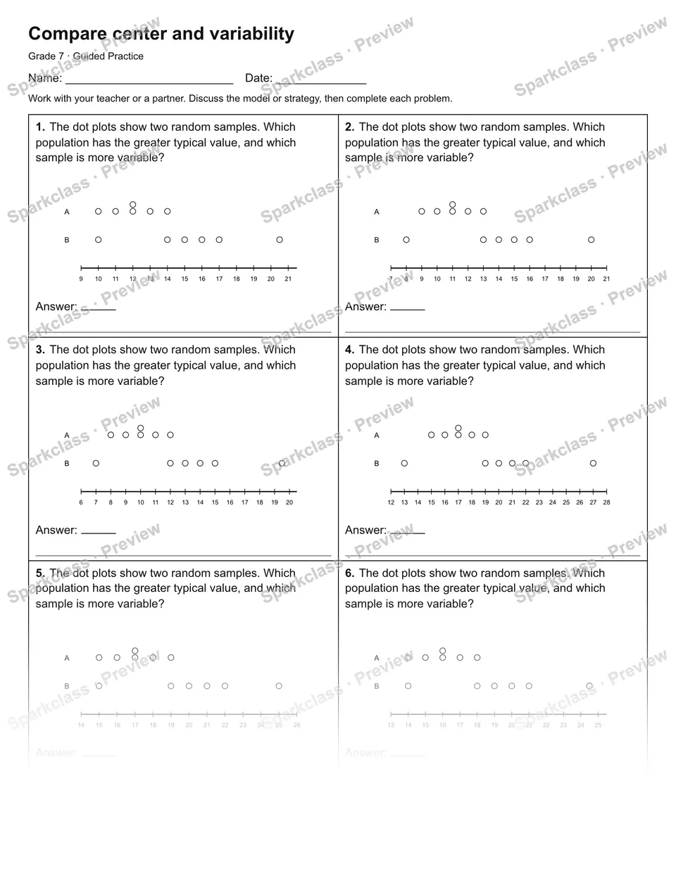 Compare center and variability — Guided Practice — Grade 7 worksheet preview